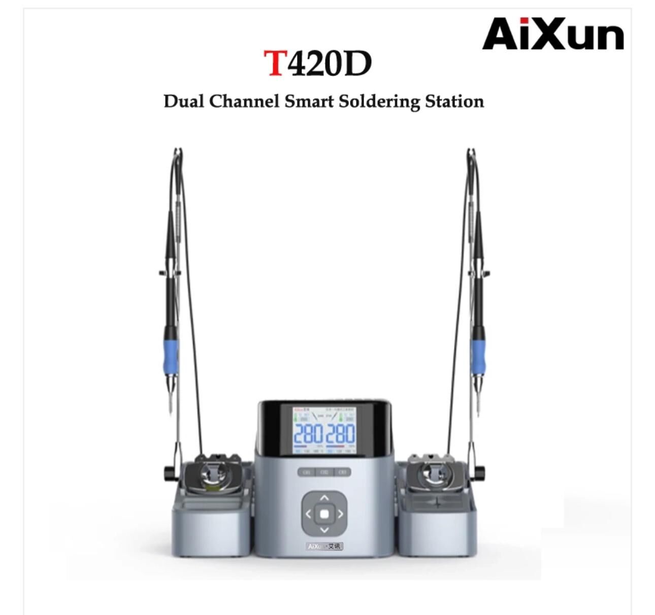 Aixun T420D Çift Kanallı Akıllı Lehim İstasyonu – 2 Havya Tutamaklı, 6 Uçlu (3 C210 + 3 C115) Profesyonel SMD PCB Lehimleme Makinesi