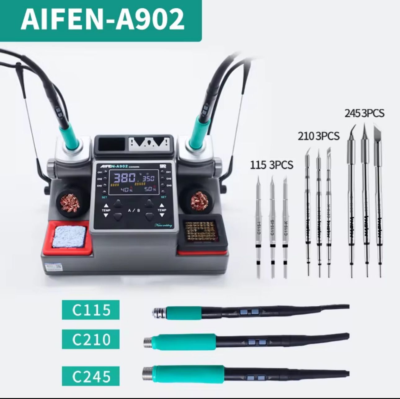 AIFEN A902 İSTASYONU HAVYA (350W) (T210, T115 ve T245 EL TUTAMAKLARI İLE BİRLİKTE GÖNDERİLİR) (PAKET İÇERİĞİNDE 9 ADET UÇ BULUNMAKTADIR)