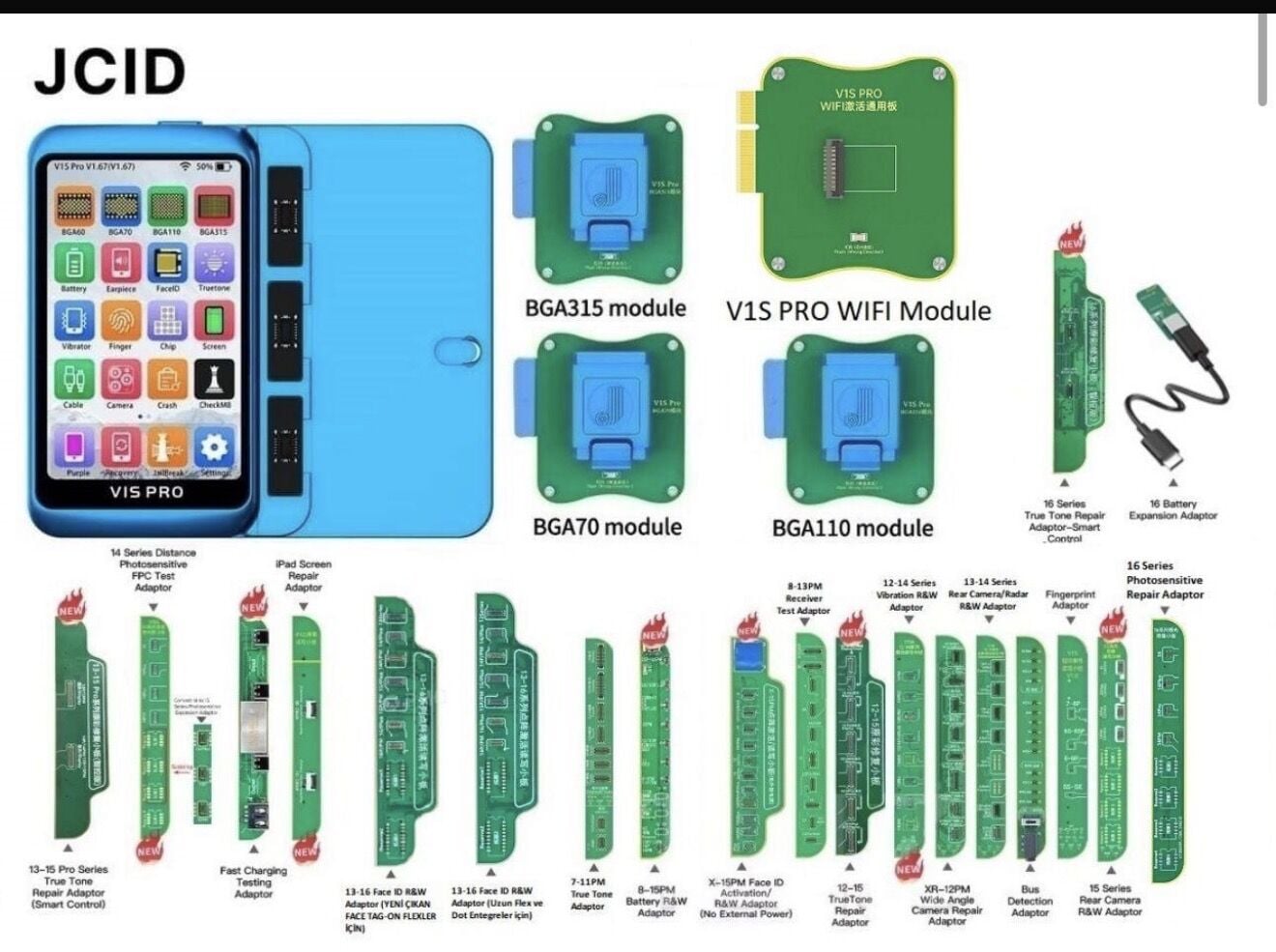 JCID V1S Pro Full Set Programlama Cihazı – iPhone Face ID, Batarya, True Tone ve BGA Çip Onarım Seti
